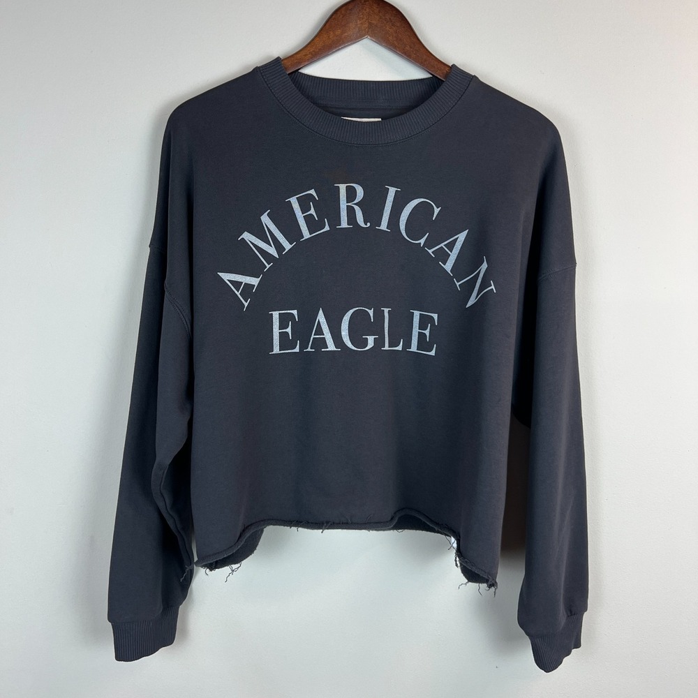 American Eagle Cropped Sweatshirt Women XL Charcoal Black Roll Hem Crop Crewneck